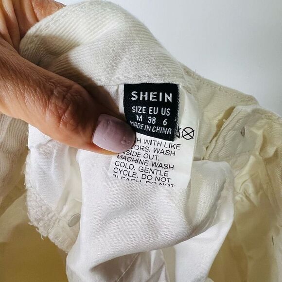 Shein White Wide Leg Jeans Y2K Loose Baggy Distressed Holes - Picture 9 of 12
